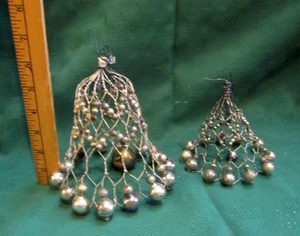2-Antique Silver Mercury Glass Beads Bells Wire Mesh 6"&4"Hanging Xtmas Ornament - Picture 1 of 14