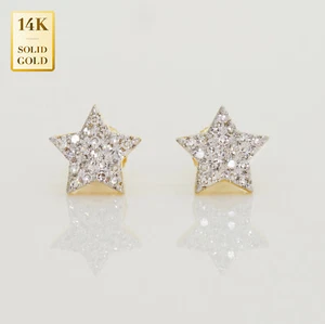 14K Real Solid Gold Star Natural Diamond Stud Earring Earlobe Jewelry Minimal - Picture 1 of 10