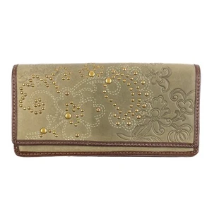 Fossil Green Leather Wallet Floral Embossed Gold Brass Studs Multiple Card Slots - Picture 1 of 13