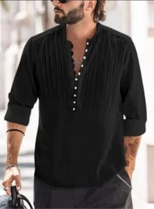 Camisa informal de manga larga plisada de lino y algodón con botones de moda juvenil 8577 para hombre 8577 - Imagen 1 de 17