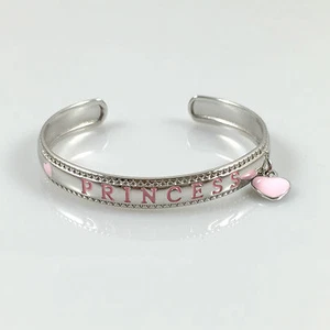 925 Sterling Silver Baby Christening Princess Bangle Love Heart Charm 6.03gr 5" - Picture 1 of 4