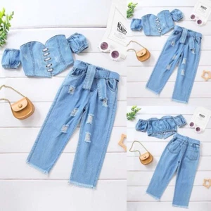 Toddler Newborn Baby Girls Denim Short Sleeve Tops Jean Pants Outfits Clothes - Picture 1 of 7