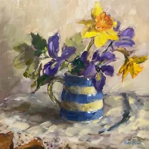 HELEN TARR ORIGINAL "Frühlingsblumen" Narzissen Iris Blumenstrauß ÖLGEMÄLDE - Bild 1 von 2
