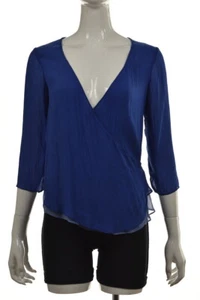 Zara Basic Womens Top Size S Blue Solid Wrap Blouse Shirt 3/4 Sleeve Casual - Picture 1 of 5