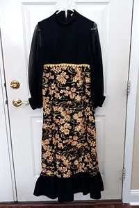 Vintage 60s 70s Hostess Dress Black Floral Long Size Small Mod Gold Metallic - Picture 1 of 8