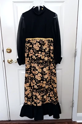 Vintage 60s 70s Hostess Dress Black Floral Long Size Small Mod Gold Metallic - Image 1 of 4