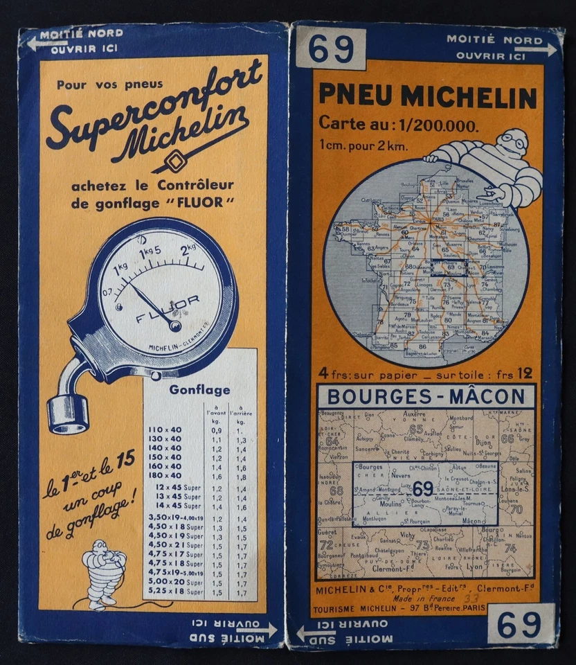 Tarjeta MICHELIN 69 BOURGES MACON 1933 Guía Bibendum neumáticos mapa - Imagen 1 de 1