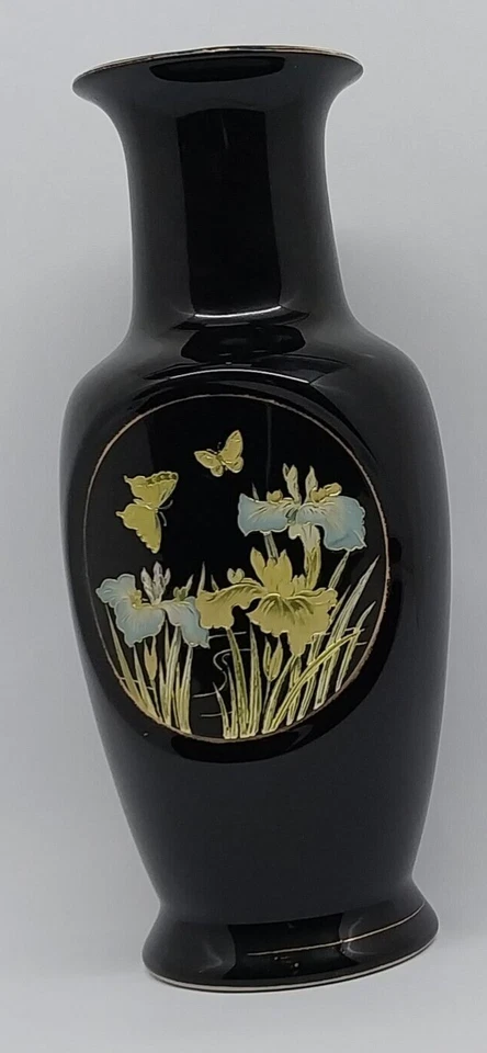 The Art of Chokin Vase 26 cm Flowers & Butterflies Motif Black Porcelain - image 1 of 4