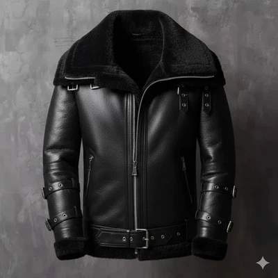 Men's Black B3 Bomber Jacket Genuine sheepskin Leather jacket Shearling Aviator - Image 1 of 3
