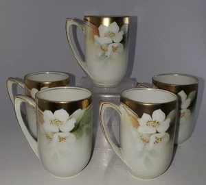 5 GOLD R.S. GERMANY Chocolate, Lemonade Mugs APPLE BLOSSOM Floral, ca. 1910-20 - Picture 1 of 6