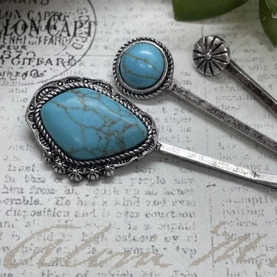 CONJUNTO 3 Pinzas de Pelo Plateadas del Suroeste Occidental Turquesa Concho Vaquera Nativa Foto 1 de 4