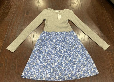 Gap Kids 女孩针织/编织连衣裙,灰色保暖上衣蓝色花卉底部 10 码全新 — 第 1/4 张图片