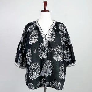 Blusa Alamwar Negra Floral Estampado Borla Corbata Algodón Nueva con Etiquetas - Imagen 1 de 10