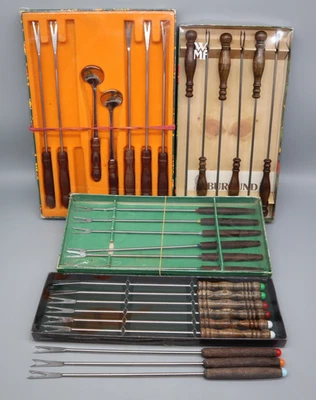 4 Sets div. Fondue-Gabeln [26 Stk + 2 Löffel] vintage Holzgriffe bunte Kappen - Bild 1 von 4