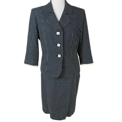 Le Suit Petite Size 14P 2-Piece Skirt Suit w/ Blazer Black White Dot Preppy Work - Image 1 of 4