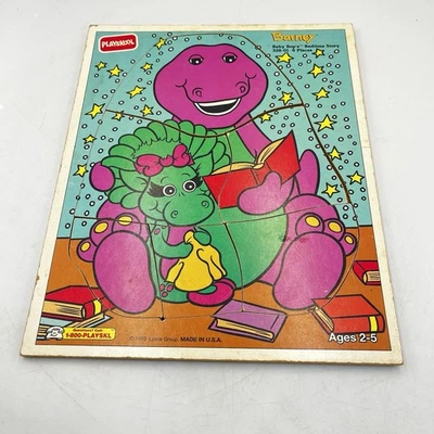 Rompecabezas de madera vintage 1993 RARO Barney Baby Bop Bedtime Story Playskool 328-01 Foto 1 de 4