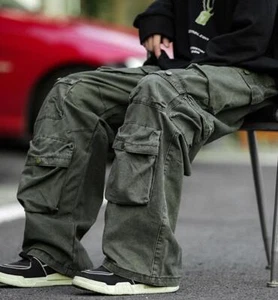 Men's Cotton Pockets Cargo Pants Casual Straight Leg Breathable Trousers Hip Hop - Picture 1 of 11