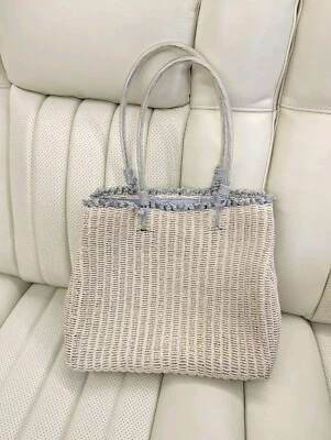 Bolso de Mano Tejido de Mimbre Bolso de Hombro Cartera Verano Playa Vacaciones Azul Blanco Vacaciones Foto 1 de 4