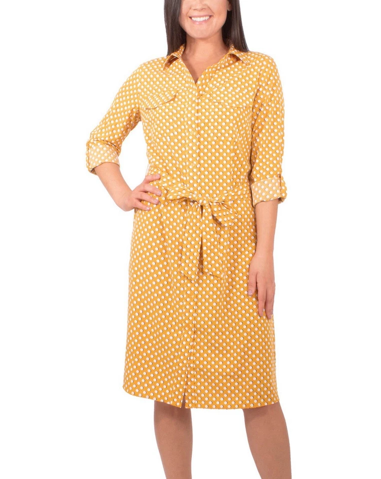 NY Collection Petite  Large3/4 Sleeve Roll Tab Shirtdress with Belt, Yellow , PL - Image 1 of 4