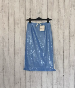 Shushu/Tong Pencil Midi Skirt Size  Blue Sequin Size 10 Double Slit NTW - Picture 1 of 10