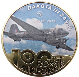 GREAT BRITAIN 2018 ROYAL AIR FORCE CENTENNIAL COLORED DAKOTA III ZA94 PLANE 39mm - Picture 1 of 2