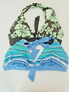 Lot of 2 Tropical Escape Halter Bikini Tops Brown/ Green & Blue /White - Picture 1 of 4