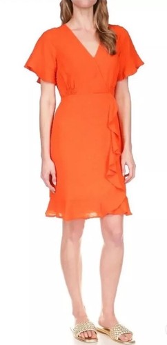 Mini abito donna Michael Kors finto avvolgente arancione ottico vibrante e civettuolo taglia L