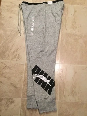 Nwt Victoria's Secret Pink Gray Marled Black Logo High Waist Jogger Pants L Lg - Image 1 of 3
