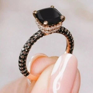 4 KT Nero Anello Diamante Taglio Cushion IN Finitura Oro Rosa Qualità AAA - Foto 1 di 6