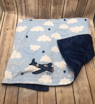 Carter's Take Flight Clouds Stars Soft Appliqued Airplane Baby Boy Blanket Blue - Image 1 of 4