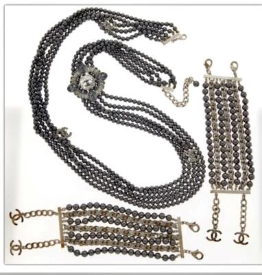 Chanel CC Multistrand Black Pearl Rhinestone Necklace And 2 Bracelets Box Pouch - Image 1 of 4