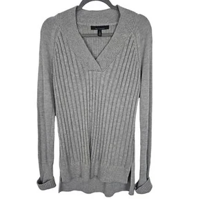 White House Black Market Sweater Ribbed Knit Sweater Women S Gray V Neck Sweater - Picture 1 of 8