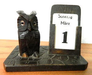 Alter immer währender Kalender, Dauerkalender Eule Uhu Holz geschnitzt - Bild 1 von 9