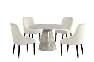 Luxury 5Pc Round Dining Set White Faux Marble Table Velvet Beige Chairs - Picture 1 of 10