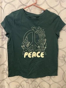 Cat & Jack Girls Dusty Green Peace Short Sleeve Shirt Size L (10/12) Plus - Picture 1 of 4