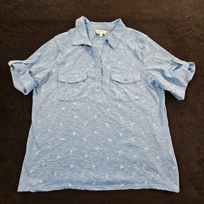 Coral Bay 火烈鸟棕榈树蓝色短袖棉混纺 Polo 衫女式 L — 第 1/4 张图片