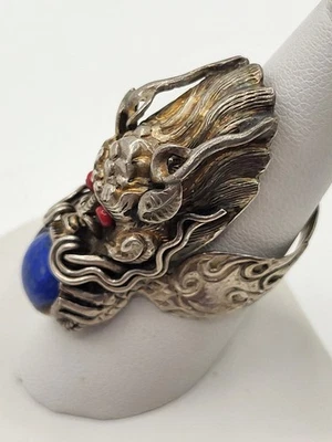 Brutalist Sterling Dragon Blue Lapis Lazuli Detailed Ornate Carving Men's Size 9 - Image 1 of 4