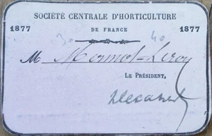 Tarjeta de membresía francesa Société Centrale d'Horticulture 1877, emitida - Imagen 1 de 2
