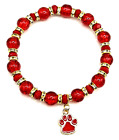 7.5" RED Dog or Cat PAW PRINT Stretch Bracelet-Glass Beads & Rhinestones