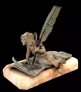 Antiker Jugendstil kaltbemalter Bronze Cherub Putti Schreiber auf Marmor von Ferrand - Bild 1 von 16