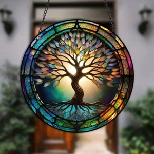 HD Tree Of Life Round Sun Catcher Multi-Coloured Hanging Decor Indoor/Outdoor - Picture 1 of 6