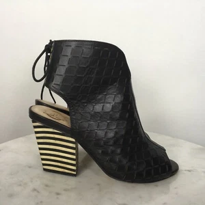 House Of Harlow 1960 Black Striped Heels Leather Open Toe Booty Shoes 38 US 8M - Picture 1 of 8