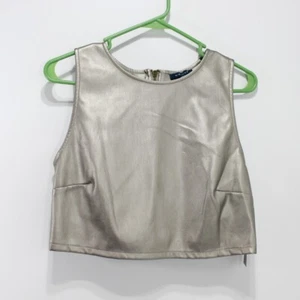 Kirious Womens Metallic Silver Faux Leather Crop Top Back Zip Sleeveless L NWT - Picture 1 of 9