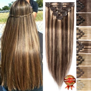 8 PIECES Weft Russian Remy Hair Clip In Human Hair Extensions Full Head Balayage - Picture 1 of 59