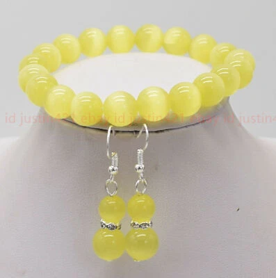 Genuin 8/10/12mm Multicolor Cats Eye Opal Round Beads Bracelet Earrings Set 7.5" - Image 1 of 4