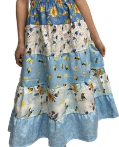 Girl long full tiered patchwork floral skirt modest blue white size XS S M L - Picture 1 of 1