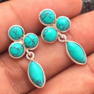 HANDMADE 925 Solid Sterling Silver Fine Jewelry Turquoise Gemstone Earring - Picture 1 of 4