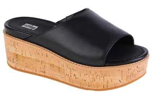 FitFlop Eloise FT5-001 Slides Sandals Women's Black Leather Cork Wrap Wedge - Picture 1 of 35