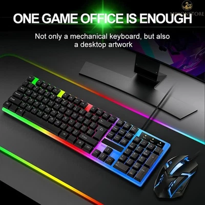 Gaming Keyboard Mouse Set USB Rainbow RGB LED Wired For PC Laptop PS5 Xbox One↟ - Image 1 of 4