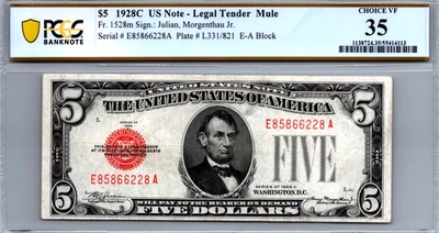 $5 1928-C Legal Tender MULE (FANCY SERIAL E85866228A) PCGS 35 CVF Fr. 1528m - Image 1 of 3